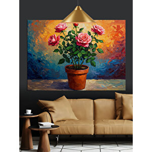 Renkli Vazoda Pembe Çiçekler Dekoratif Kanvas - Mdf Ahşap Tablo