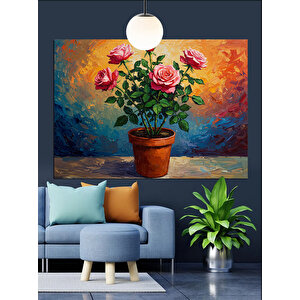 Renkli Vazoda Pembe Çiçekler Dekoratif Kanvas - Mdf Ahşap Tablo