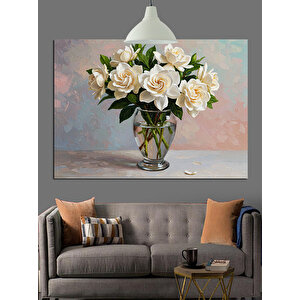 Vazoda Beyaz Çiçekler Dekoratif Kanvas - Mdf Ahşap Tablo