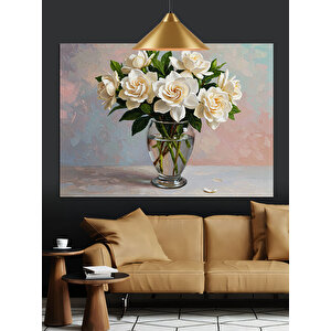 Vazoda Beyaz Çiçekler Dekoratif Kanvas - Mdf Ahşap Tablo 70x100 cm