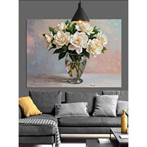 Vazoda Beyaz Çiçekler Dekoratif Kanvas - Mdf Ahşap Tablo