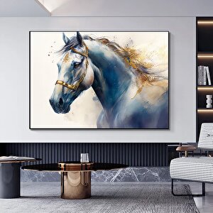 Mavi Ve Altın Renkteki Ata Ait Suluboya Kanvas Duvar Sanatı, At Kanvas Baskısı 150x250 cm