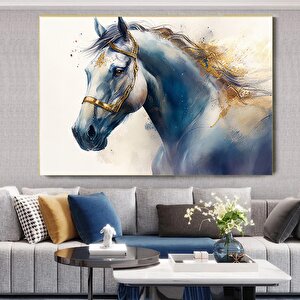 Mavi Ve Altın Renkteki Ata Ait Suluboya Kanvas Duvar Sanatı, At Kanvas Baskısı