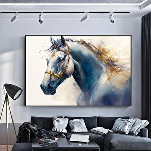 Mavi Ve Altın Renkteki Ata Ait Suluboya Kanvas Duvar Sanatı, At Kanvas Baskısı 80x120 cm