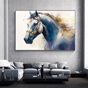 Mavi Ve Altın Renkteki Ata Ait Suluboya Kanvas Duvar Sanatı, At Kanvas Baskısı