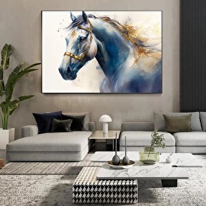 Mavi Ve Altın Renkteki Ata Ait Suluboya Kanvas Duvar Sanatı, At Kanvas Baskısı 100x150 cm