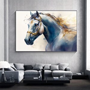 Mavi Ve Altın Renkteki Ata Ait Suluboya Kanvas Duvar Sanatı, At Kanvas Baskısı