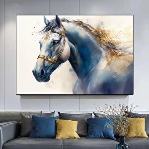 Mavi Ve Altın Renkteki Ata Ait Suluboya Kanvas Duvar Sanatı, At Kanvas Baskısı