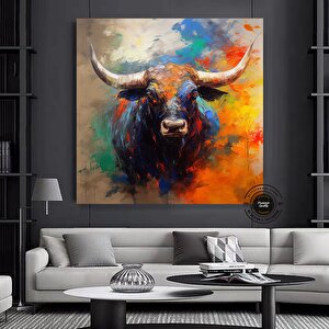 Boğa Kanvas Tablosu; Renkli Boğa; Yayla İneği; Soyut Boğa Kanvas; Büyük Boğa Sanatı 80x80 cm
