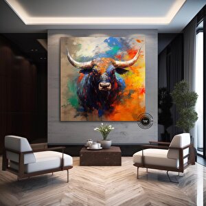 Boğa Kanvas Tablosu; Renkli Boğa; Yayla İneği; Soyut Boğa Kanvas; Büyük Boğa Sanatı 80x80 cm