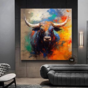 Boğa Kanvas Tablosu; Renkli Boğa; Yayla İneği; Soyut Boğa Kanvas; Büyük Boğa Sanatı 80x80 cm
