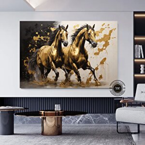 Altın At Tablosu, Yatak Odası Duvar Sanatı, Siyah Ve Altın Renkli Modern Hayvan Dekoru 40x60 cm