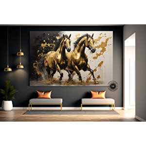 Altın At Tablosu, Yatak Odası Duvar Sanatı, Siyah Ve Altın Renkli Modern Hayvan Dekoru 40x60 cm