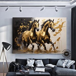 Altın At Tablosu, Yatak Odası Duvar Sanatı, Siyah Ve Altın Renkli Modern Hayvan Dekoru 40x60 cm