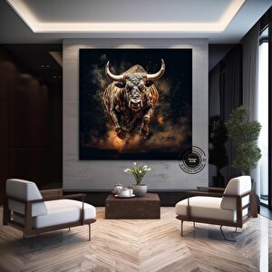 Boğa Kanvas Sanatı – Altın Ve Siyah Yüklenen Boğa – Finans Bölgesi Duvar Dekoru, Ev Ve Ofis İçin 80x80 cm
