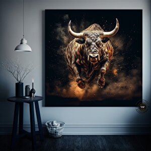 Boğa Kanvas Sanatı – Altın Ve Siyah Yüklenen Boğa – Finans Bölgesi Duvar Dekoru, Ev Ve Ofis İçin
