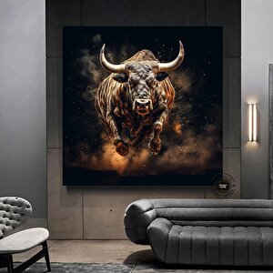 Boğa Kanvas Sanatı – Altın Ve Siyah Yüklenen Boğa – Finans Bölgesi Duvar Dekoru, Ev Ve Ofis İçin