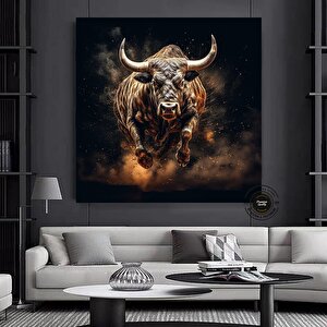 Boğa Kanvas Sanatı – Altın Ve Siyah Yüklenen Boğa – Finans Bölgesi Duvar Dekoru, Ev Ve Ofis İçin 60x60 cm