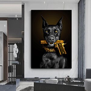Doberman Ve Tabanca Kanvası; Tabancanın İçinde Köpek Tablosu; Tabanca Ve Köpek Baskısı; Vahşi Köpek 50x70 cm