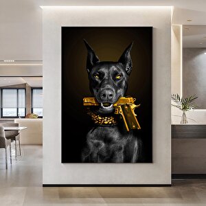 Doberman Ve Tabanca Kanvası; Tabancanın İçinde Köpek Tablosu; Tabanca Ve Köpek Baskısı; Vahşi Köpek