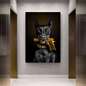 Doberman Ve Tabanca Kanvası; Tabancanın İçinde Köpek Tablosu; Tabanca Ve Köpek Baskısı; Vahşi Köpek 70x100 cm
