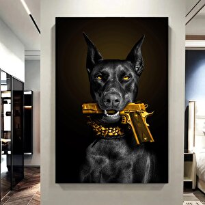 Doberman Ve Tabanca Kanvası; Tabancanın İçinde Köpek Tablosu; Tabanca Ve Köpek Baskısı; Vahşi Köpek 70x100 cm