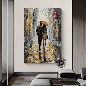 Yağmurda Yürüyen Çift Duvar Sanatı, Şemsiye Çift Duvar Dekoru, Duygusal Yağlı Boya Tablo Poster 70x100 cm