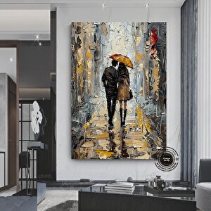 Yağmurda Yürüyen Çift Duvar Sanatı, Şemsiye Çift Duvar Dekoru, Duygusal Yağlı Boya Tablo Poster 70x100 cm