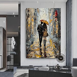 Yağmurda Yürüyen Çift Duvar Sanatı, Şemsiye Çift Duvar Dekoru, Duygusal Yağlı Boya Tablo Poster 50x70 cm