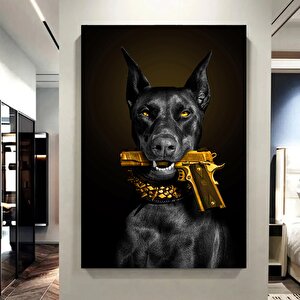 Doberman Ve Tabanca Kanvası; Tabancanın İçinde Köpek Tablosu; Tabanca Ve Köpek Baskısı; Vahşi Köpek