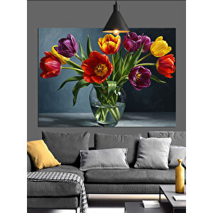 Vazoda Renkli Lale Çiçekleri Dekoratif Kanvas - Mdf Ahşap Tablo 70x100 cm