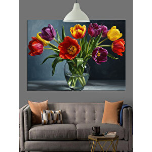 Vazoda Renkli Lale Çiçekleri Dekoratif Kanvas - Mdf Ahşap Tablo 70x100 cm