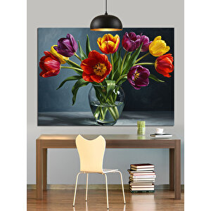 Vazoda Renkli Lale Çiçekleri Dekoratif Kanvas - Mdf Ahşap Tablo