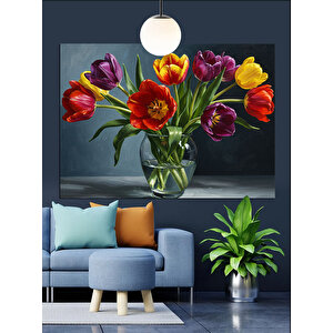 Vazoda Renkli Lale Çiçekleri Dekoratif Kanvas - Mdf Ahşap Tablo