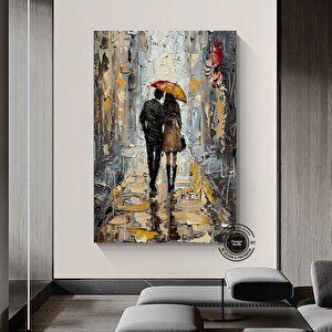 Yağmurda Yürüyen Çift Duvar Sanatı, Şemsiye Çift Duvar Dekoru, Duygusal Yağlı Boya Tablo Poster 80x120 cm