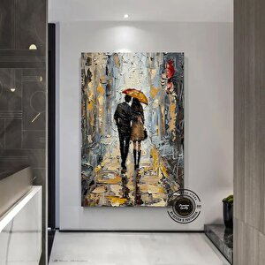 Yağmurda Yürüyen Çift Duvar Sanatı, Şemsiye Çift Duvar Dekoru, Duygusal Yağlı Boya Tablo Poster 80x120 cm