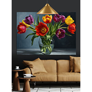 Vazoda Renkli Lale Çiçekleri Dekoratif Kanvas - Mdf Ahşap Tablo 50x70 cm