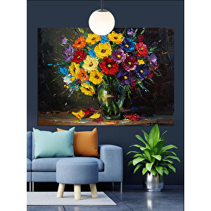 Renkli Vazoda Çiçekler Dekoratif Kanvas - Mdf Ahşap Tablo