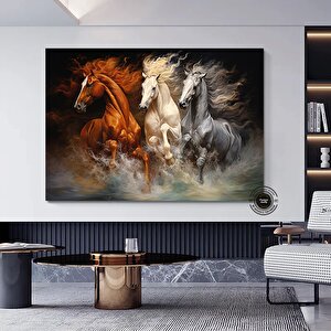 Ekstra Büyük Modern Soyut Geometri Sanatı; Altın Detaylı Koşan Atlar; Soyut Kanvas Duvar Sanatı; At 60x120 cm