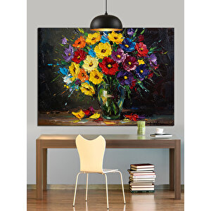 Renkli Vazoda Çiçekler Dekoratif Kanvas - Mdf Ahşap Tablo 70x100 cm