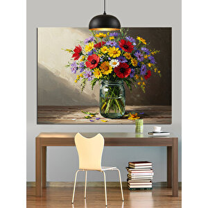 Renkli Vazoda Çiçekler Dekoratif Kanvas - Mdf Ahşap Tablo 70x100 cm