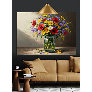 Renkli Vazoda Çiçekler Dekoratif Kanvas - Mdf Ahşap Tablo