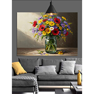 Renkli Vazoda Çiçekler Dekoratif Kanvas - Mdf Ahşap Tablo