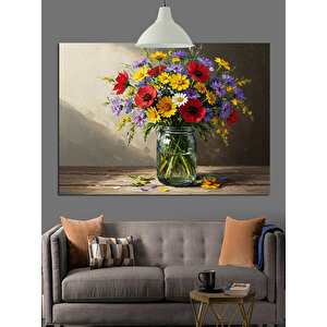 Renkli Vazoda Çiçekler Dekoratif Kanvas - Mdf Ahşap Tablo 50x70 cm