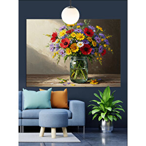 Renkli Vazoda Çiçekler Dekoratif Kanvas - Mdf Ahşap Tablo 50x70 cm