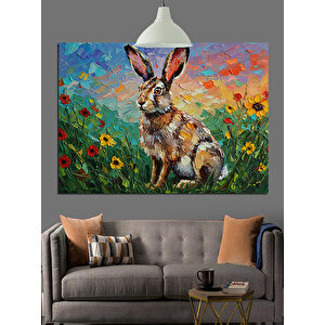 Çiçekli Sevimli Tavşan Dekoratif Kanvas - Mdf Ahşap Tablo 35x50 cm