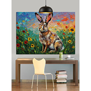 Çiçekli Sevimli Tavşan Dekoratif Kanvas - Mdf Ahşap Tablo 35x50 cm