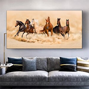 Koşan Atlar Kanvas Sanatı – Toz Bulutu Oluşturan At Sürüsü, Büyük Duvar Sanatı, Kanvas Tablo 30x60 cm