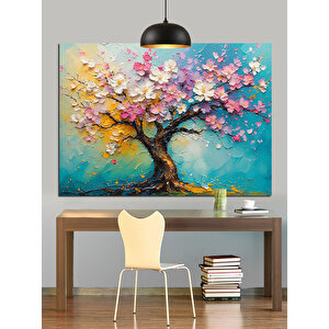 Pembe Çiçek Ağaç Dekoratif Kanvas - Mdf Ahşap Tablo 70x100 cm