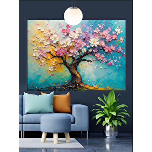 Pembe Çiçek Ağaç Dekoratif Kanvas - Mdf Ahşap Tablo 70x100 cm
